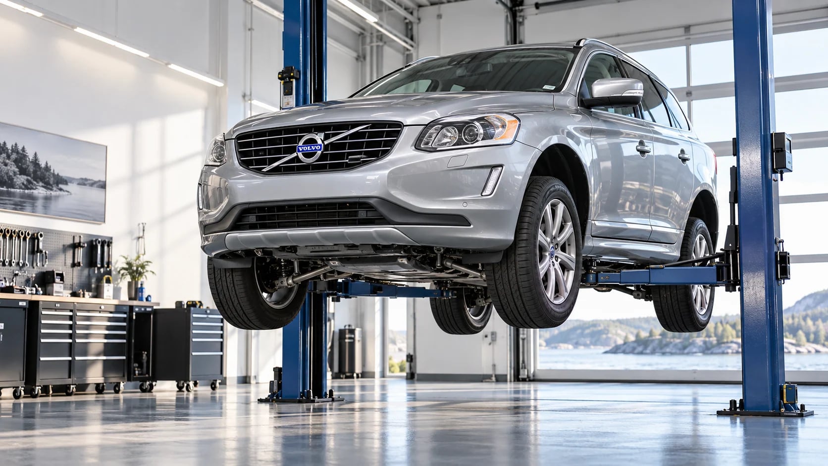 Иллюстрация Volvo на подъёмнике в мастерской